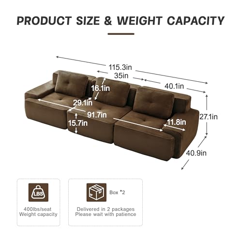 Image of 117 inch Oversized 3 Seater Modular Boneless Couch, Durable Corduroy Fabric, Deep Seat Cloud sectional Sofa with Buckle Connection and Tufted Detail, No Assembly, Anti Slip, Brown