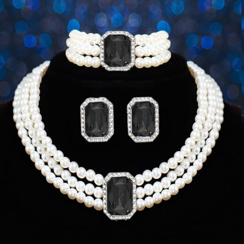 Brishow Pearl Necklace Jewelry Set Wedding Pearls Earrings Necklaces Set Bridal Crystal Bracelet Jewelry for Women (Pack of 3)2