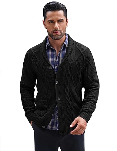 COOFANDY Mens Shawl Collar Cardigan Sweater Slim Fit Button Down Cable Knitted Sweater with Pockets2