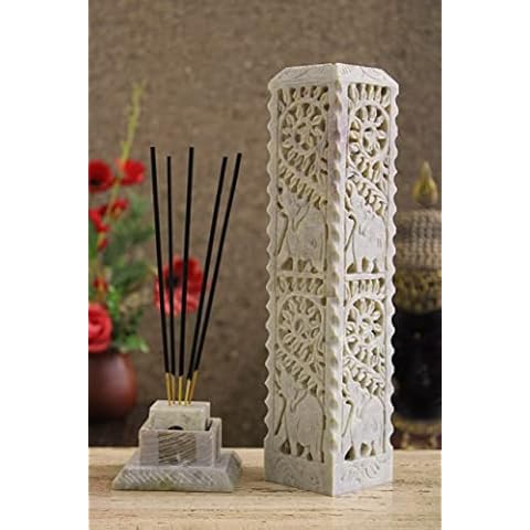 Handmade Marble Soapstone Incense Burner with Elephant Carving Cover