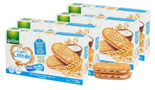 4X Gullon Cuor di Cereale Biscotti Integrali ai Cereali Ripieni di Crema Gusto Yogurt Senza Zuccheri Aggiunti 220g [4 Confezioni]
