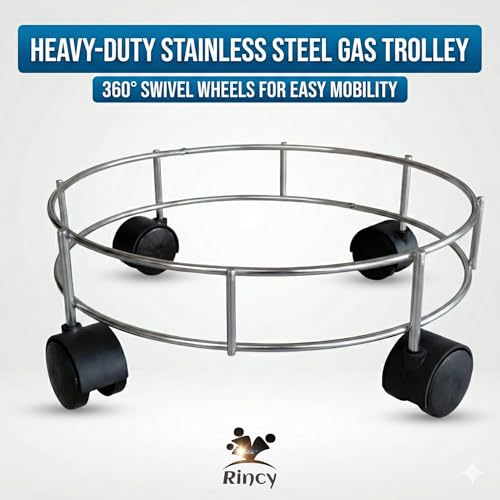 Image of Rincy Stainless Steel LPG Gas Cylinder Trolley with Heavy 4-Wheel Support - Cylinder Stand for Kitchen (Steel-2 Pcs)