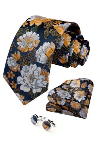 Image of HISDERN Ties for Men Paisley Tie and Pocket Square Cufflinks Set Formal Classic Floral Necktie Handkerchief Wedding Party