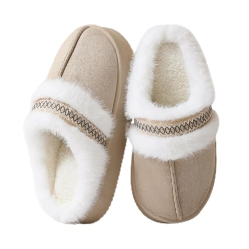 TOCONFFON Womens Slip On Fuzzy Slippers Wool-Like Lined Chenille Slippers Fluffy House Shoes with Memory Foam for Indoor and Outdoor 5.5 Khaki