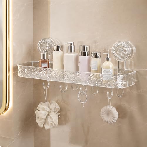 Image of Wall Mounted Bathroom Storage Rack with Suction Cups - Double Shelf with Hooks - Transparent & Patterned Front Design (1)