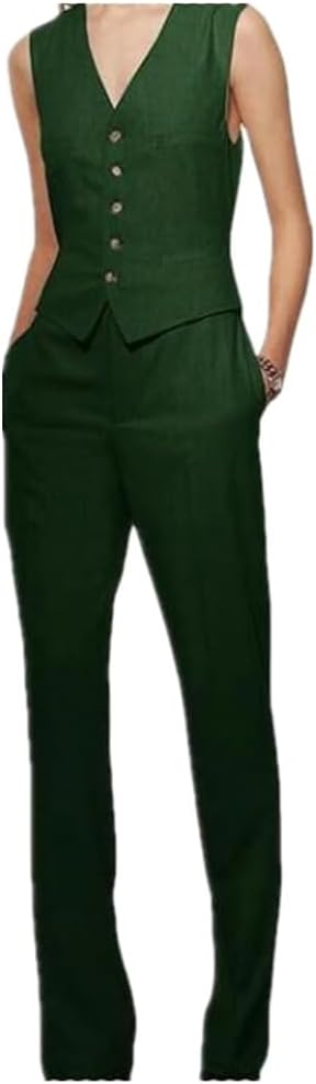 Womens 2 Piece Outfits Linen Suit Summer Vest and Wide Pants Set Business Beach Wedding