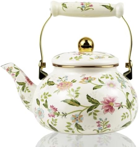 Chaleira de chá esmaltada floral, boêmia, dourada, bege, bule vin...