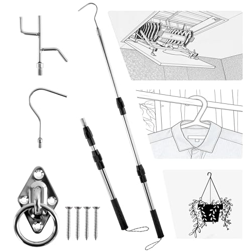 Telescopic Attic Pull Down Hook 17 to 35 Adjustable Stainless Steel Pull Stick and Stainless Steel Pull Ring Replacing Old-Fashioned Hanging Ropes on attic Stairs.