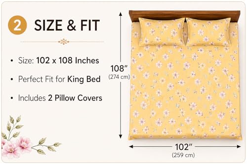 Image of Cotton King Size Bedsheet with Pillow Covers - Floral Dreamscape Print, 144 TC Soft & Breathable Bedding Set (108x108 Inch), Premium Flat Bed Sheet