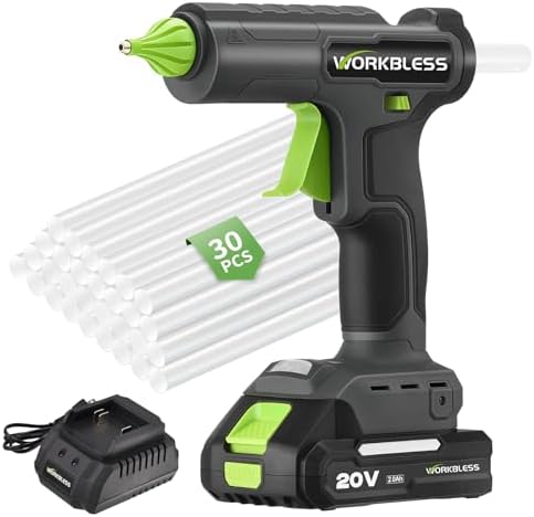 Cordless Hot Glue Gun Full Size,Hot Glue Gun with 20V 2000mAh Battery & 30pcs 11mm Clear Glue Sticks, Heavy and Duty Hot Glue Gun for Arts, Repair, Wood Working, Leak-Proof Nozzle