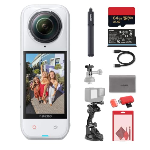 Insta360 X5 8K 360 Waterproof Action Camera (White) | 1/1.28" Sensors, Replaceable Lenses, PureVideo AI, 185-Min Battery Life (CINSAAHA_X532) + Selfie Stick + 50-in-1 Accessory Kit + More