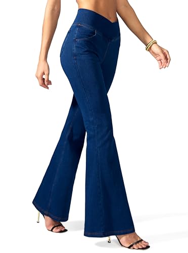 Rammus Flare Jeans for Women Crossover High Waisted Bell Bottom Jeans Trendy Yoga Pants Stretchy Flare Leggings with Pockets