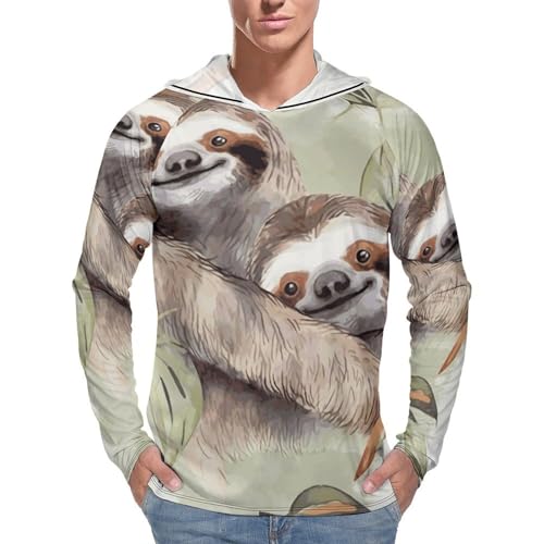 Men's Sun Shirts UPF 50+ Rash Guard Long Sleeve Sun Protection Hoodie Watercolor Sloth Lightweight Shirt 3XL White