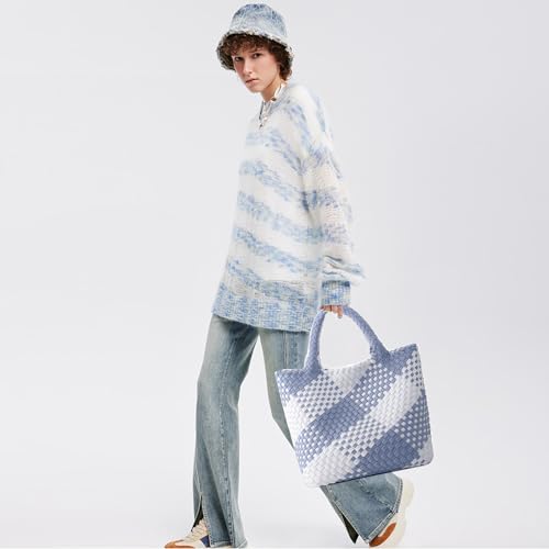 Image of JINMANXUE Unisex Fashion Woven Bag Damen-Tragetasche, Blue&white, 16.1 inch W x 7.1 inch D x 11 inch H