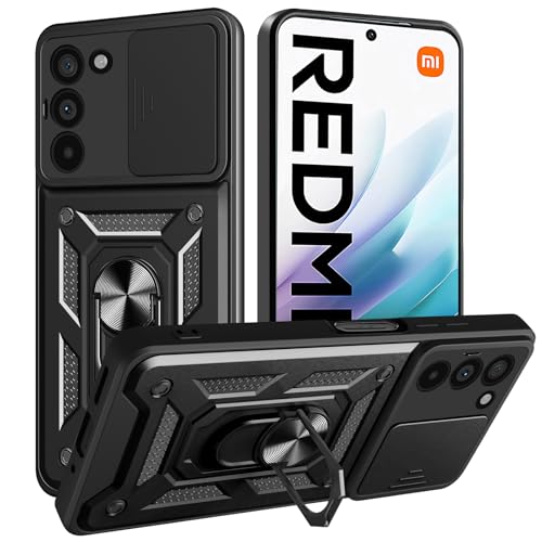 Image of Casodon Heavy Duty Back Case Cover for Redmi 15 5G, Shockproof Redmi 15 Back Cover, Ring Case with Kickstand and Camera Protection Shutter - Black