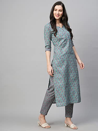 Image of GoSriKi Women's Cotton Blend Printed Straight Kurta With Pant