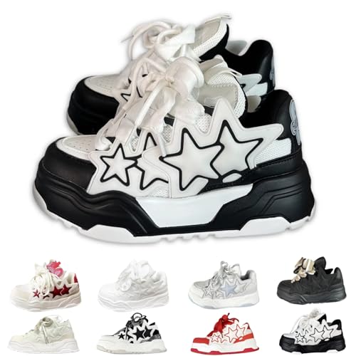 Women Chunky Sneakers, Star Decor Dad Shoes, Unisex Couples Girls Oversize Thick Sole School Casual Wear Lace-Up Mesh Upper