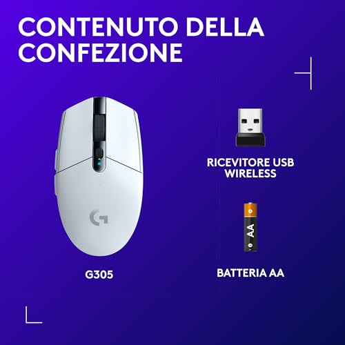 G305 Lightspeed Mouse Gaming Wireless, Sensore 12K Hero, 12.000 DPI, Design Leggero, 6 Pulsanti Programmabili, Batteria 250 Ore, Memoria Integrata, PC/Laptop - Bianco - Mouse gaming - Immagine 8
