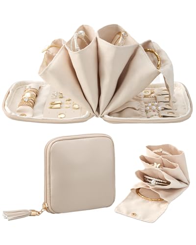 Lolalet Travel Jewelry Case Organizer Small Jewellery Pouch with Compartments for Storage Soft Velvet Bag for Traveling Women Packing for Necklaces Earrings Bracelets -Oatmeal