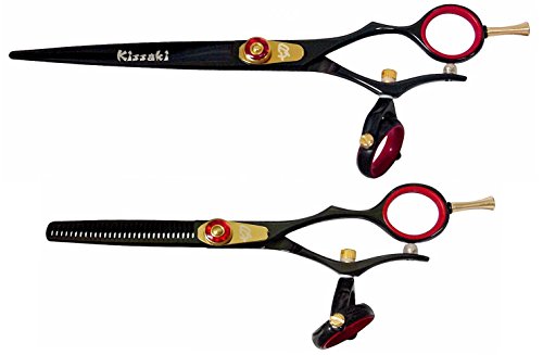 Kissaki Hair Scissors Gokatana 7.0 inches and Kanagawa 30 Tooth Black R Titanium Double Swivel Hair Cutting Shears Thinning Shears Matching Set Combo