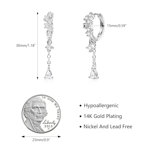 925 Sterling Silver Drop Dangle Earrings Cubic Zirconia Teardrop Hoop Dangle Earrings for Women 14K Goldplated Hypoallergenic Elegant Drop Water CZ Dangle Chain Huggie Earring Jewelry 6