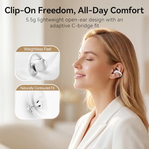 Image of TCL CrystalClip Open Ear Clip-On Earbuds, 5.5g Ultra-Light Open Ear Wireless Earbuds with Deep Bass & 3D Spatial Sound, Clear Calls, Dual-Device Switching, 36H Playtime, IPX4 Waterproof, Lunar White