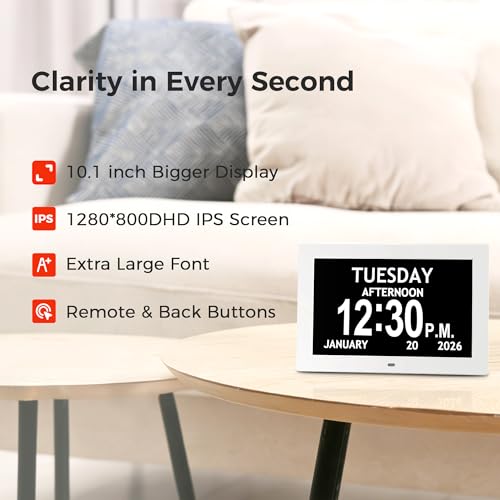 Image of 10.1'' Digital Clock With Date And Time, Dementia Clock, Large Display Alarm Clock For Seniors, 10Reminders, 6Alarms, Auto-Dimming, Auto DST, Remote Control, Gifts For People With Dementia, White
