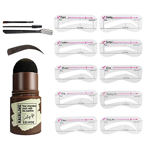 Eyebrow Stamp Stencil Kit, 10 Eyebrow Stencils with Eyebrow Powder, Brush and Trimmer, Long-lasting Waterproof One Step Eyebrow Stamp Shaping Kit, Easy to Use, Reusable Eyebrow Shaper, Dark Brown