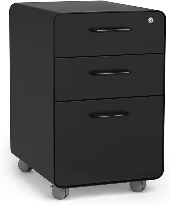 Poppin Stow 3-Drawer Rolling File Cabinet - Black. 2 Utility Drawers and 1 Hanging File Drawer. Two Locking and Two Non-Locking Wheels. Powder-Coated Steel. Two Keys Included