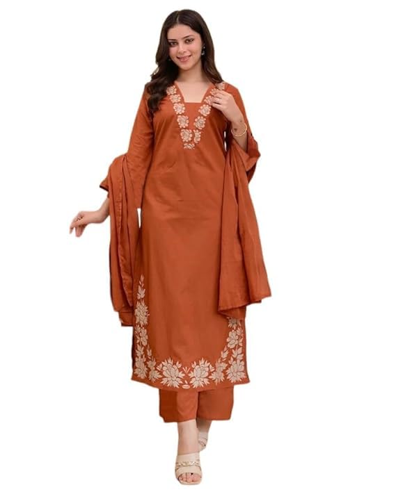 Women's Rayon Embroidered A-Line Kurta with Pant & Dupatta | V Neck | 3/4 Sleeves-image-39