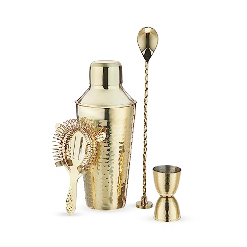 Twine Gold Hammered Barware Set, Stainless Steel Shaker, Jigger, Muddler, Bar Spoon, Hawthorne Strainer, Gold, Set Of 4 #TOP30
