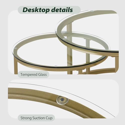 Furnivado 31.5\" Nesting Coffee Table Set of 2, Round Nesting Coffee Tables with Tempered Glass Top, End Tables with Metal Frame for Living Room, Bedroom, Transparent Glass