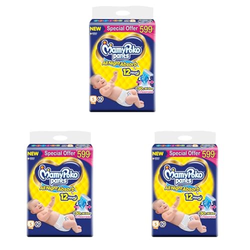 Image of MamyPoko Pants All Night Absorb Baby Diapers, Small (S), 60 Count 4-8 kg (Pack of 3)