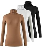 Femdouce Womens Turtleneck Long Sleeve Shirt Lightweight Slim Pullover Basic Undershirts Active Turtle Neck T-Shirts 3 Pack Black/White/Coffee L