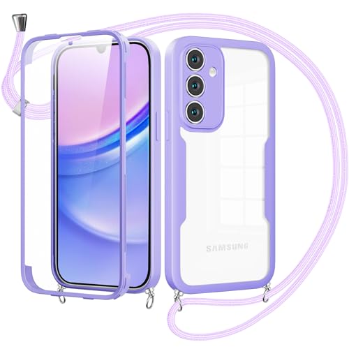 Cover per Samsung Galaxy A15 con Cordino360 Gradi Antiurto Trasparente Custodiacon con Protezione Schermo Integrata Bumper Rugged Custodia con Regolabile Tracolla per A15