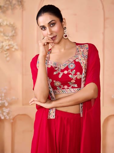 Image of madhuram textiles Women's Georgette Skirt And Crop Top With Long Koti Set For Solid With Embroidery Work Skirt Set(M-2515 Pink)