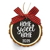 Home Sweet Home 2019 Wood Slice Christmas Ornament (Gift Box Included) Black w/Red Buffalo Check Bow