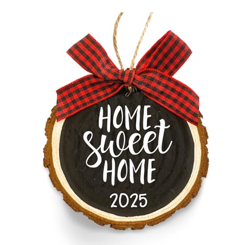 New Home Ornament 2025 – Housewarming Gift for New Homeowners – Rustic Home Sweet Home Christmas Decoration – Gift Box Included – Wooden Slice Keepsake for New House (Black, Red Buffalo Check)