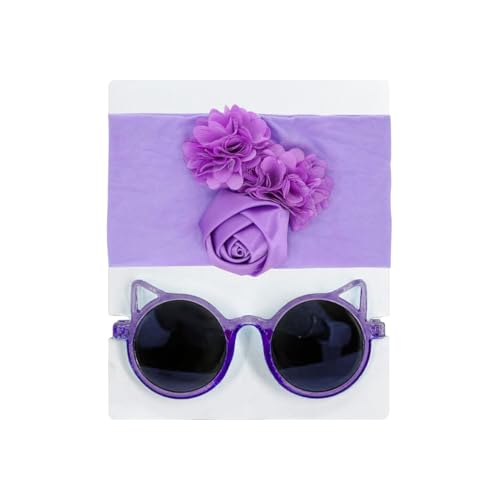 Image of SYGA Baby Rose Flower Stretchable Headband With Uv Protection Cat Type Sunglasses Stylish Combo For Toddlers And Kids (Purple)