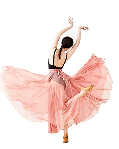 Paotit Women's Lyrical Dance Skirt Long Sheer Swing Wrap Skirt Modern Ballet Costumes For Performance Pink #TOP2