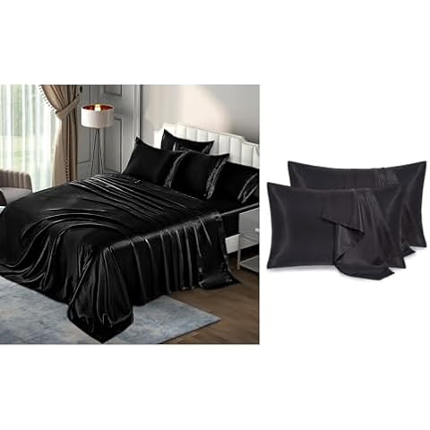 P Pothuiny 6 Pieces Black Satin Sheets Queen Size Set, 4 Pcs Queen Satin Pillowcase for Hair and Skin Cover