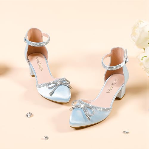 Image of LAURMOSA Girls Sandals Closed Toe High Heels Pointed Toe Ankle Strap Pumps Flower Girl Dressy Shoes in Wedding Party Cute Bowknot Chunky Block Heeled for Little Big Kids