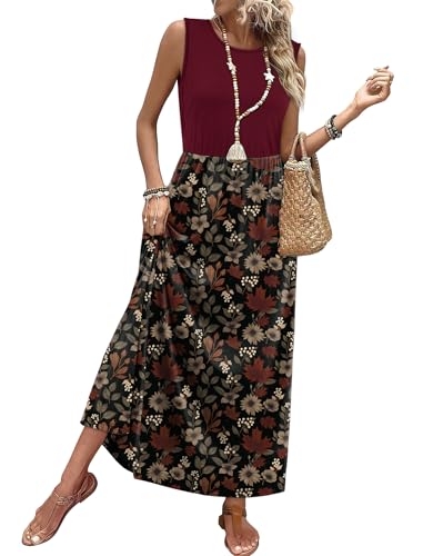 Maxi Dresses for Seniors Elegant Ladies Summer Dress Casual Long Dresses Flowy Loose Sundresses with Pockets Floral Modest Burgundy M