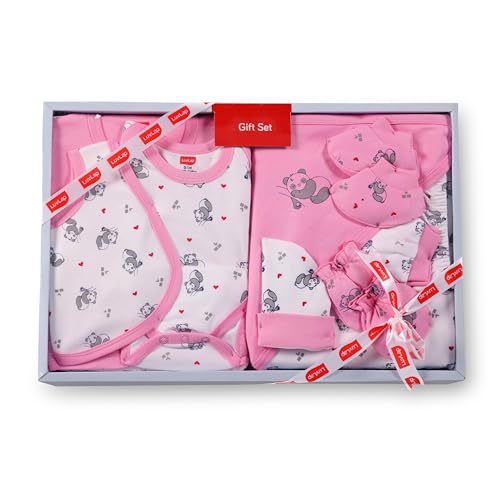 Image of LuvLap Newborn Baby Garment Gift Set, Pack of 8, White & Pink All Over Print, Short-Sleeve Jhabla, Pyjama,Half-Sleeve Onesie, Cotton Bib, Cap, a Pair of Booties, a Pair of Mittens & 1 Hooded Towel