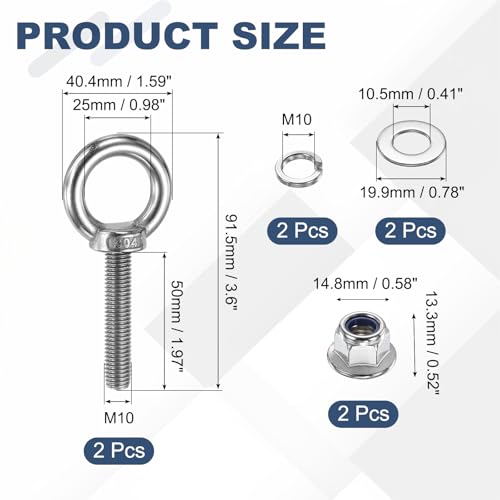 Image of PATIKIL M10 x 50mm Shoulder Eye Bolt, 2 Pcs 304 Stainless Steel Lifting Ring Threaded Eye Bolt with Flange Lock Nuts Spring and Flat Washers for Hanging Tie Down Straps Outdoor Indoor