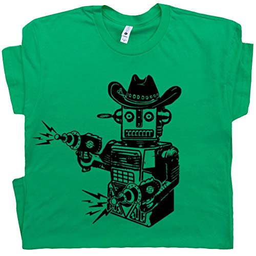 Youth M - Cowboy Robot T Shirt Vintage Funny Geek Toy Graphic Tee Laser Gun 50s 60s 70s Space Cool Science Fiction Green