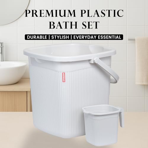 Image of Modware Square Ribbon Plastic Bucket Set with Mug | 18L Brown Bathroom Bucket with Handle + 1L Mug | Heavy-Duty Polypropylene + Co-Polymer | Stylish & Durable Bath Set (White)