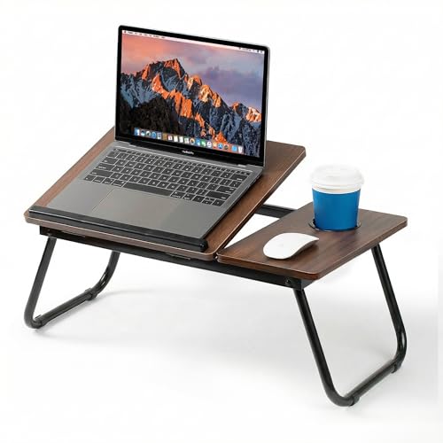Mesa para Cama y Sofá - Plegable Bandeja para Cama con Tapa Ajustable y Portavasos, Mesa Cama Ordenador en Tablero MDF y Metal, 56x32x25 cm, Nuez Oscura