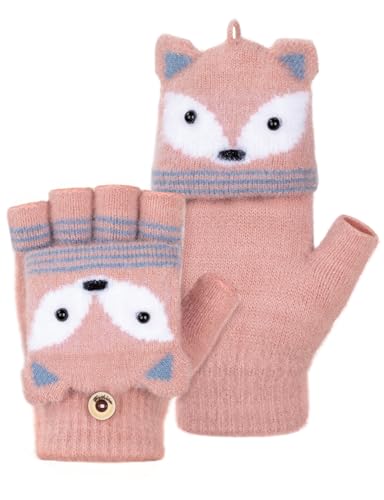 MELLIEX Guanti Senza Dita Bambino, Flip Top Guanti Bambino Invernali, Caldi Guanti Mezze Dita per Ragazzo Ragazze 5-10 Anni， Volpe-Rosa