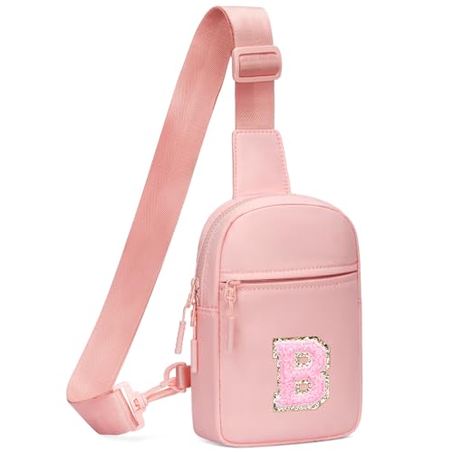KKXIU Gifts for 6 7 8 9 10 11 12 Year Old Girls Initial Sling Bag Trendy Crossbody Fanny Pack for Teens (B, Pink)